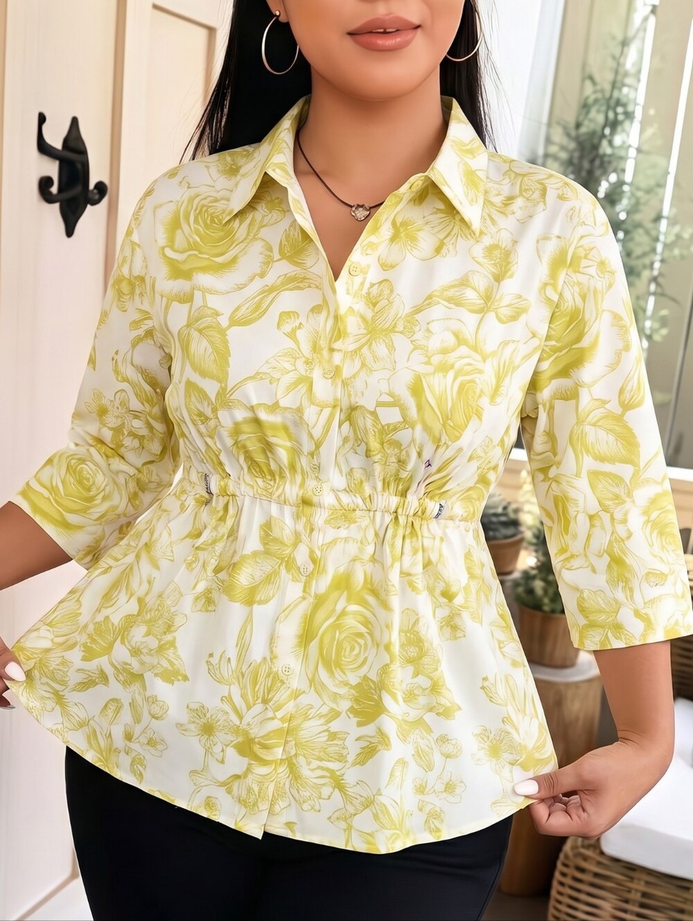 Carla Rockmore Womens Yellow Floral Cinch Waist Preppy Coastal Shirt Sz XL